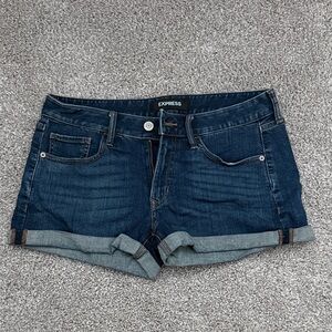 Express Dark Indigo Rolled Cuff Denim Shorts - Stretch Relaxed Low Rise